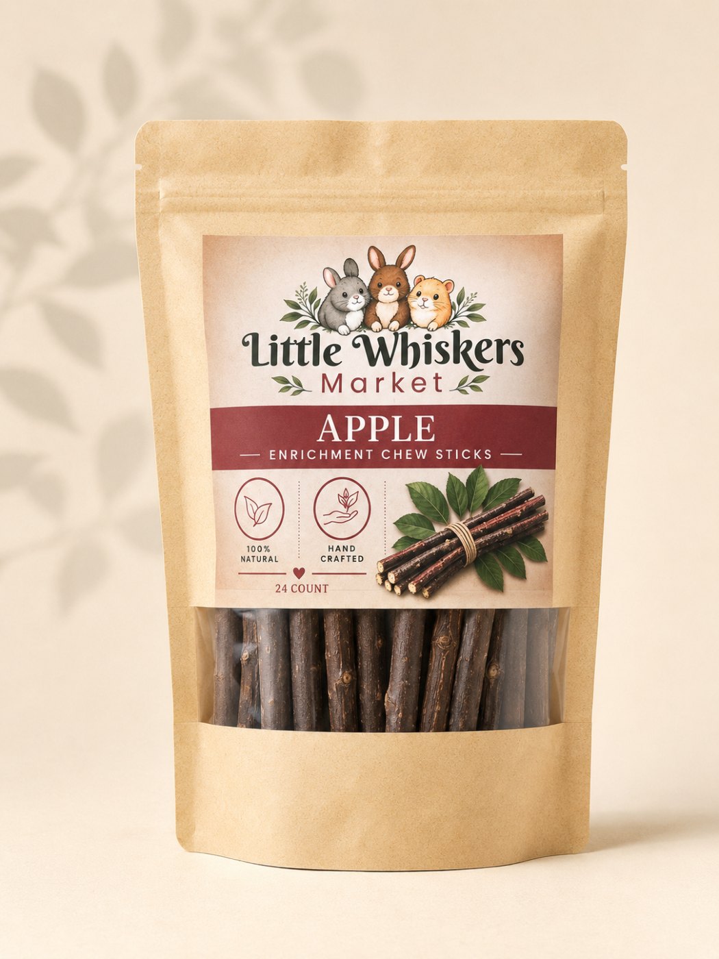Little Whiskers Market Apple Enrichment Chew Sticks pouch, 24 count, on a cream studio backdrop