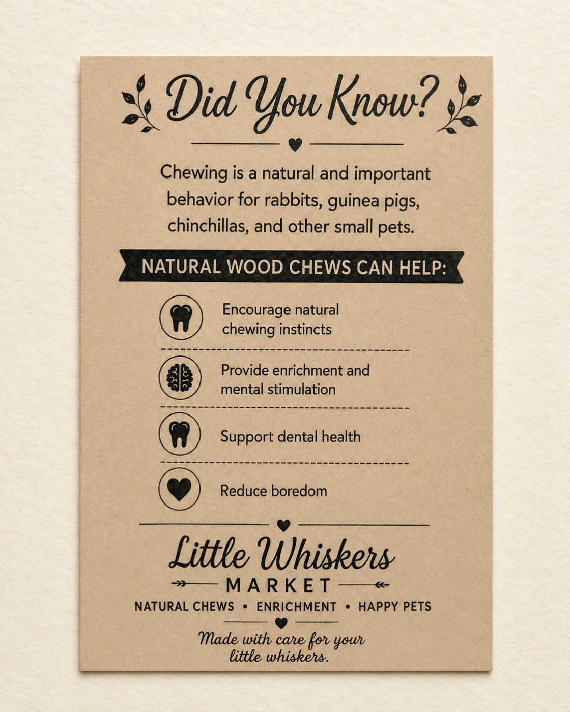 Little Whiskers Market "Did You Know?" insert card explaining that chewing is natural for rabbits, guinea pigs and chinchillas