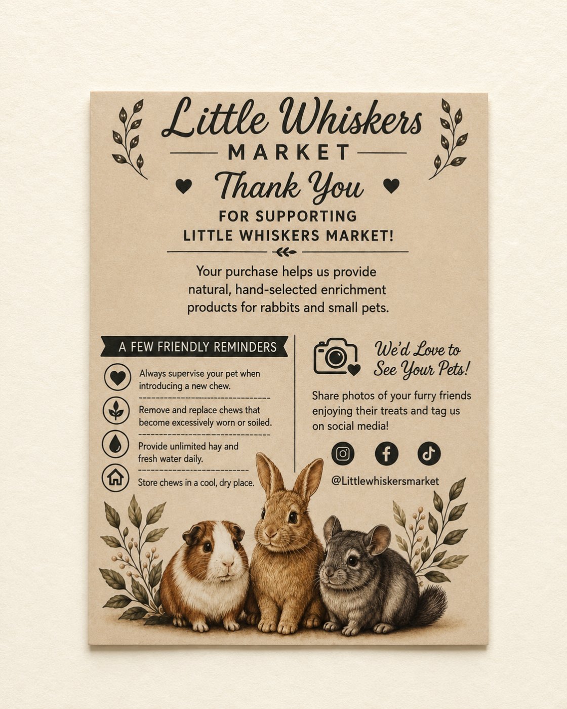 Little Whiskers Market thank-you card listing a few friendly reminders for using the chews