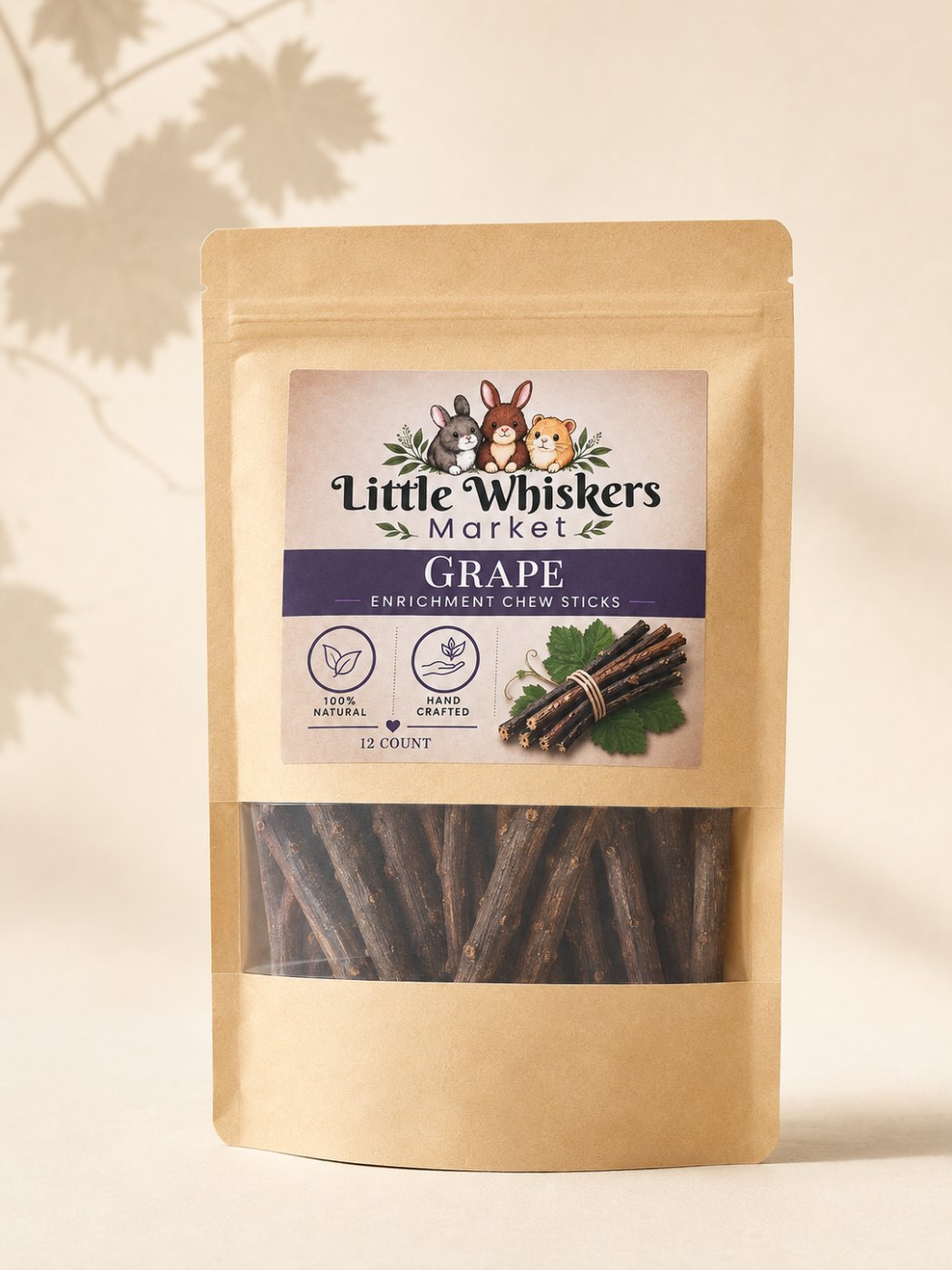 Little Whiskers Market Grape Enrichment Chew Sticks pouch, 12 count, on a warm cream studio backdrop