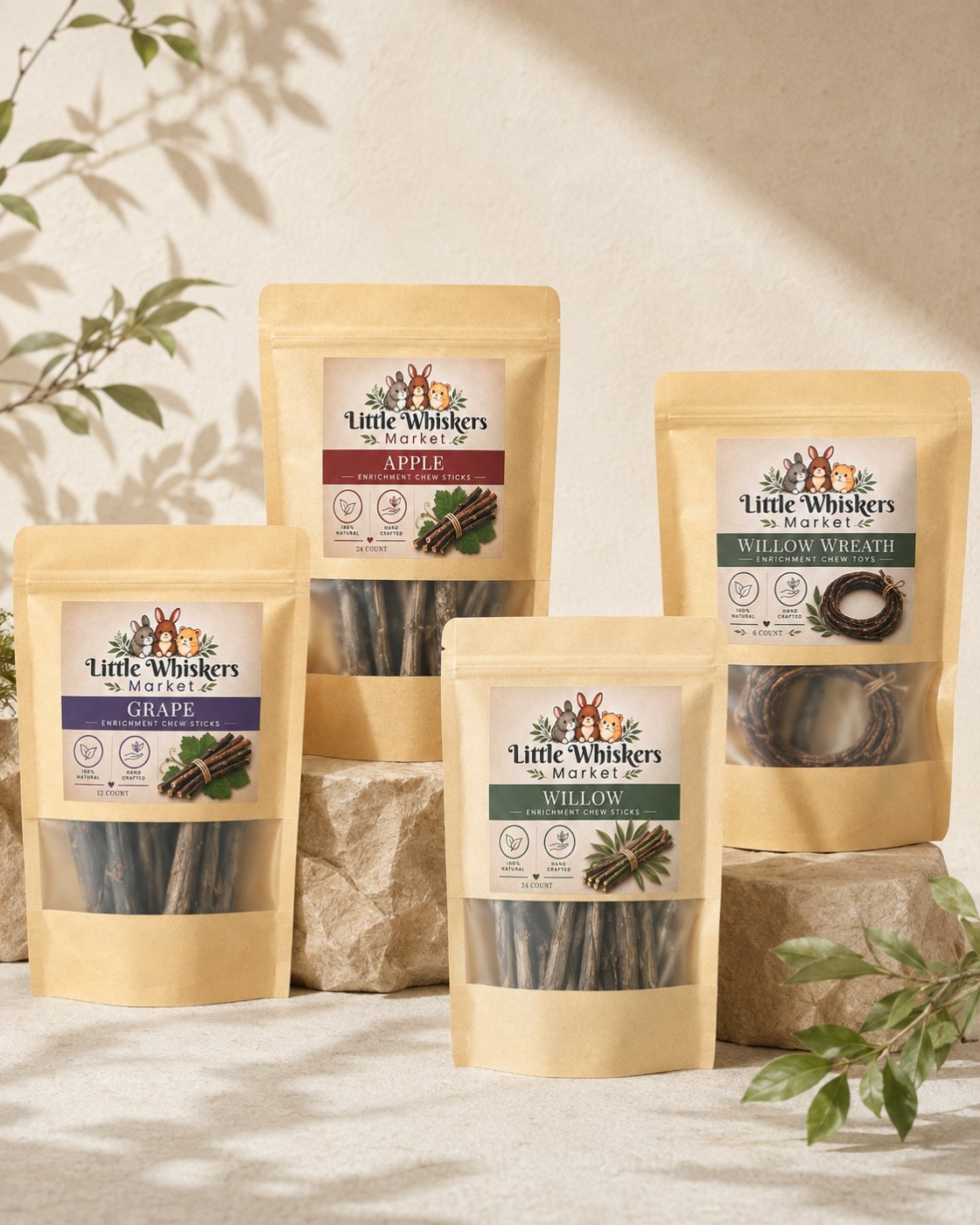 All four Little Whiskers Market packs — Grape, Apple, Willow and Willow Wreath — arranged on stone risers in soft daylight