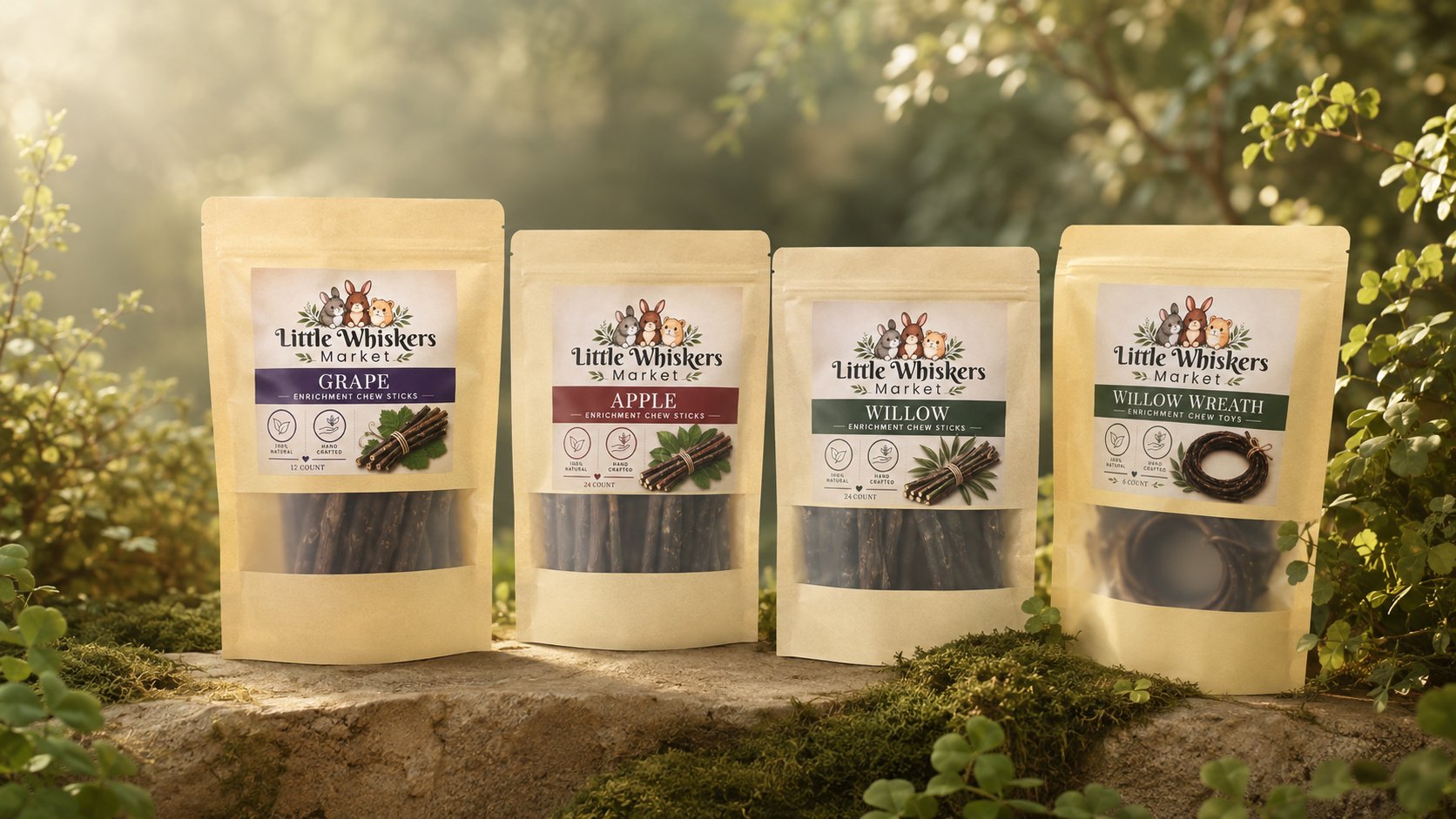 The full Little Whiskers Market collection photographed outdoors on a mossy ledge