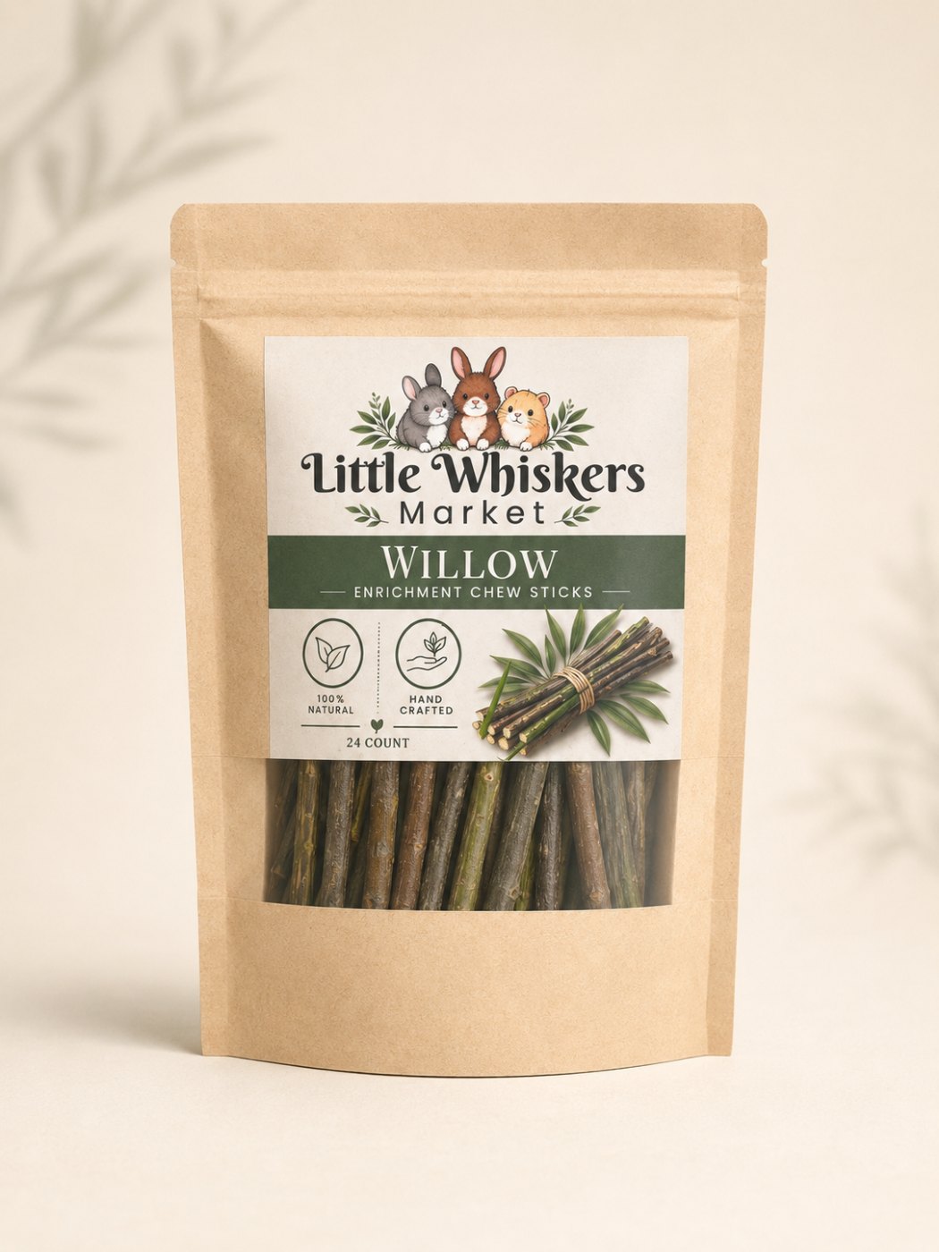 Little Whiskers Market Willow Enrichment Chew Sticks pouch, 24 count, on a cream studio backdrop