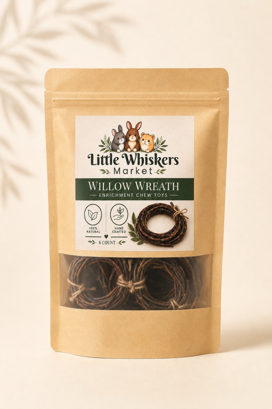 Little Whiskers Market Willow Wreath Enrichment Chew Toys pouch on a warm cream studio backdrop